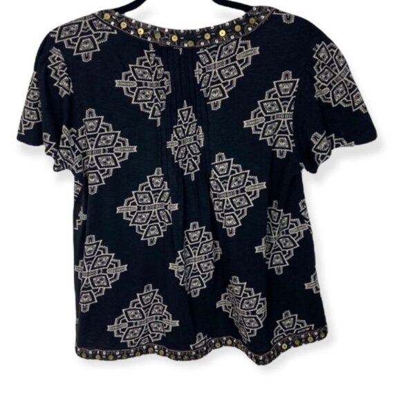 Anthropologie Akemi+Kin Romy Block Printed Top Size XS‎ Black Beaded Blouse Boho - Picture 5 of 8